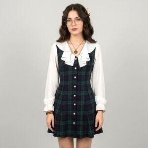 Vintage DBY 90s Tartan Plaid Mini Dress Ruffle Collar Pearl Buttons S Academia